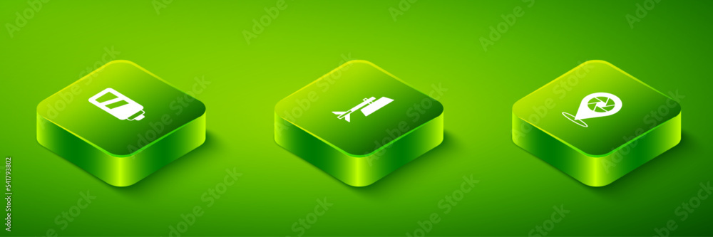 Poster set isometric studio light bulb in softbox, camera shutter and battery for camera icon. vector
