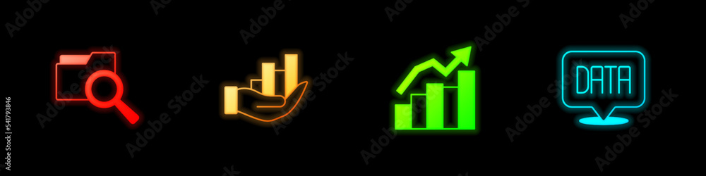 Poster set search with folder, pie chart infographic, financial growth and data analysis icon. vector