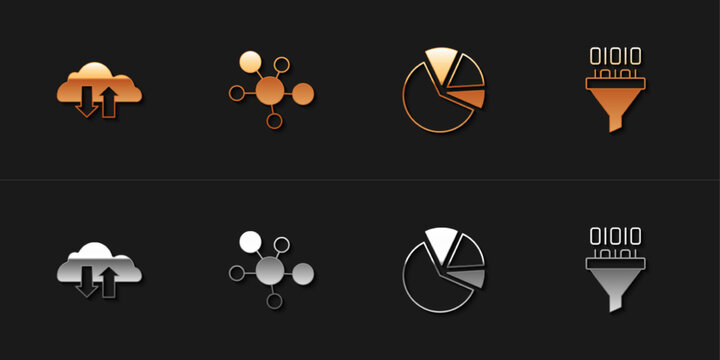 Set Cloud download and upload, Mind map infographic, Pie chart and Binary code icon. Vector