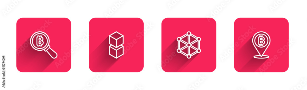Poster Set line Magnifying glass with Bitcoin, Blockchain technology, and with long shadow. Red square button. Vector