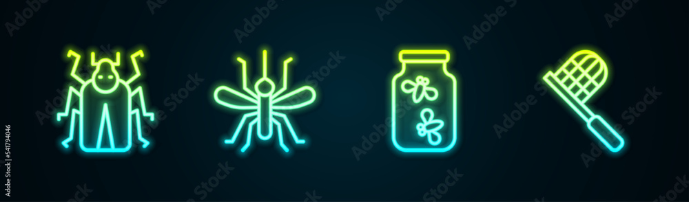 Poster set line beetle bug, mosquito, fireflies bugs in a jar and butterfly net. glowing neon icon. vector