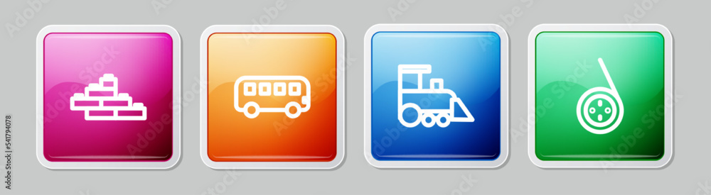 Aufkleber set line toy building block bricks, bus toy, train and yoyo. colorful square button. vector