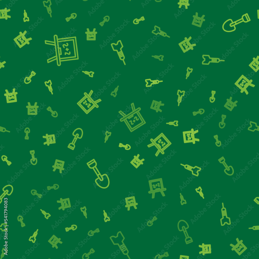 Poster set line chalkboard, shovel toy and dart arrow on seamless pattern. vector