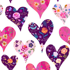 Seamless pattern in patchwork style with hearts with flowers