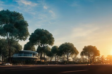 AI-generated realistic illustration of trees and a round glass building by a parking lot