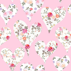 Romantic seamless pattern with hearts with floral ornaments.