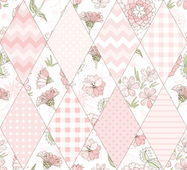 Patchwork seamless pattern with floral and geometric ornaments in pastel pink colors. Cute quilt design.