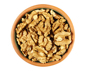 Walnut kernels, pile in clay pot isolated on white, top view