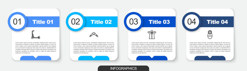 Set line Scooter, Boomerang, Toy puppet doll on hand and Tumbler toy. Business infographic template. Vector