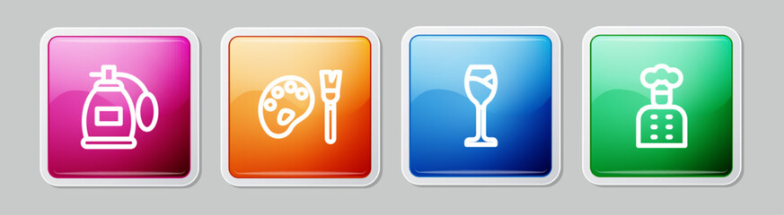 Set line Perfume, Paint brush with palette, Wine glass and Italian cook. Colorful square button. Vector