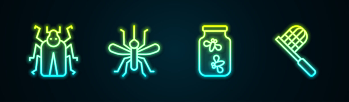 Set Line Beetle Bug, Mosquito, Fireflies Bugs In A Jar And Butterfly Net. Glowing Neon Icon. Vector