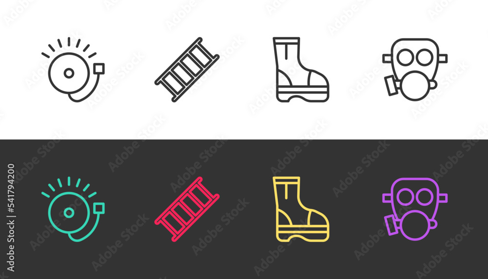 Sticker Set line Ringing alarm bell, Fire escape, boots and Gas mask on black and white. Vector