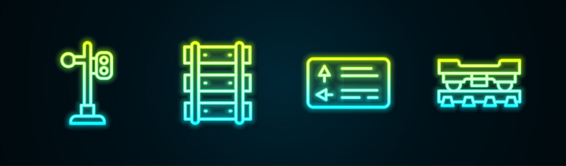 Set line Train traffic light, Railway, railroad track, Road signpost and Cargo train wagon. Glowing neon icon. Vector © Kostiantyn