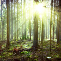 Rays of sunlight shining through the trees in a pine forest