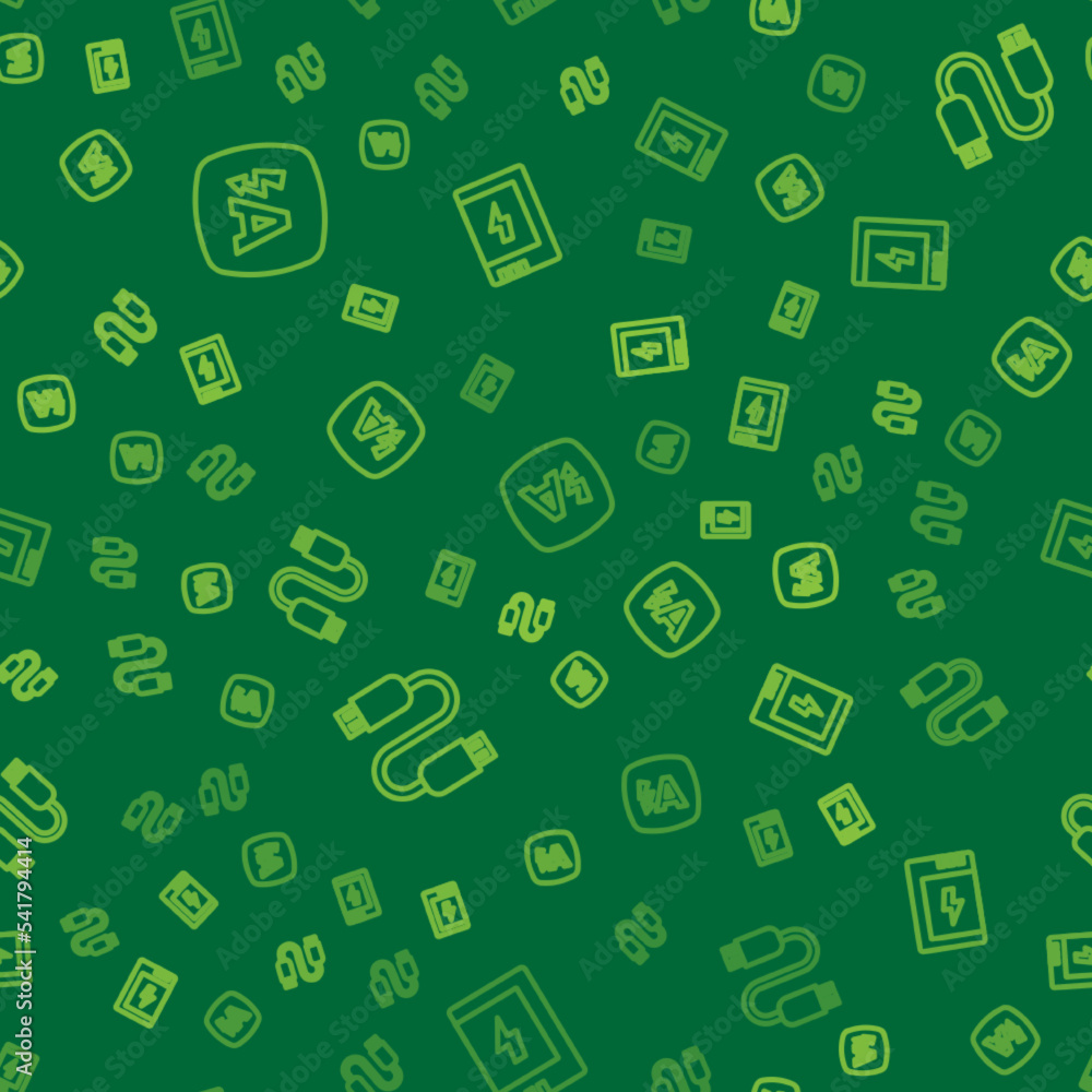 Poster set line auto flash, usb cable cord and battery for camera on seamless pattern. vector