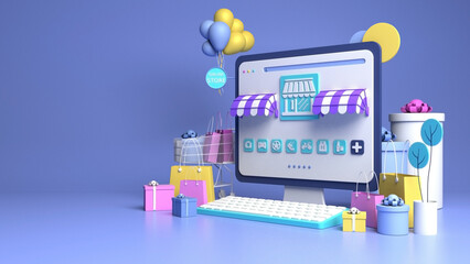 Online shopping store concept  with 3d shopping  bags and gift boxes