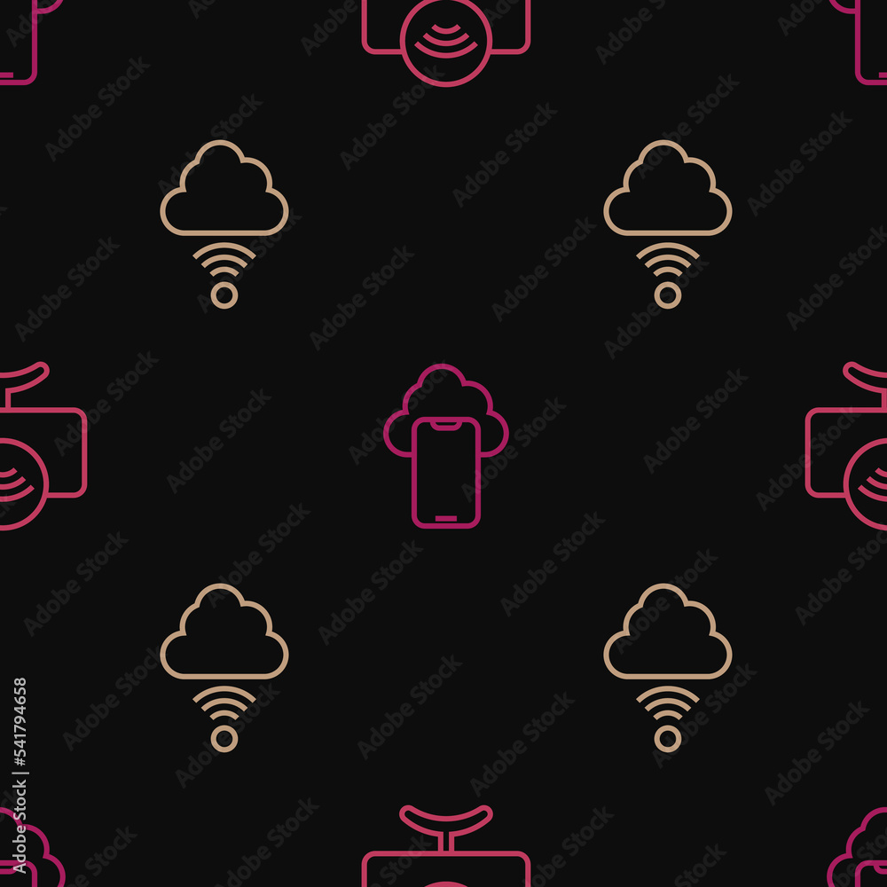 Poster set line smart tv system, network cloud connection and cloud technology data on seamless pattern. ve