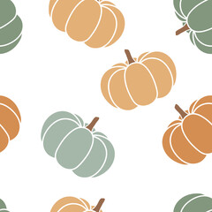 Thanksgiving day background. Vector cartoon illustration, hello autumn. Seamless pattern with cozy orange and green pumpkins, Hygge time. Halloween party kitchen linen decor with squash, - 541794601