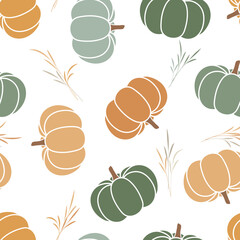 Thanksgiving day background. Vector cartoon illustration, hello autumn. Seamless pattern with cozy orange and green pumpkins, Hygge time. Halloween party kitchen linen decor with squash, - 541794680