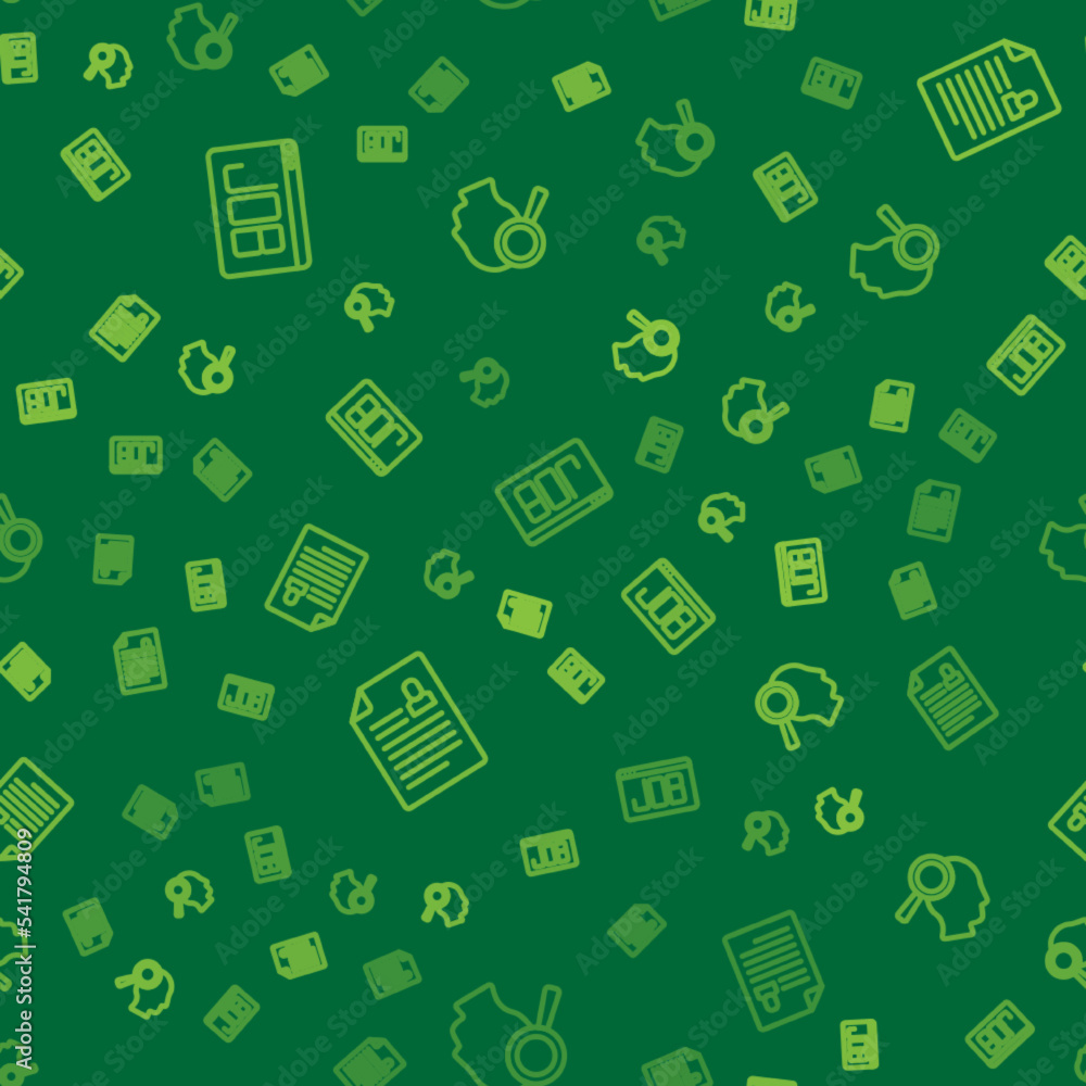 Poster set line search job, resume and magnifying glass for search on seamless pattern. vector