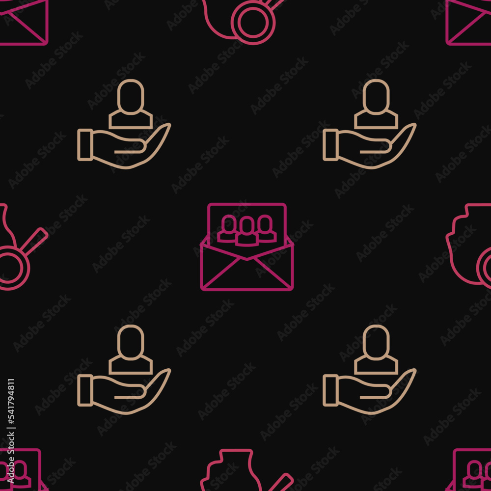 Poster set line magnifying glass for search job, worker and project team base on seamless pattern. vector