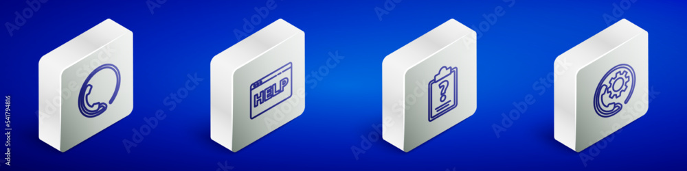 Poster set isometric line telephone 24 hours support, browser help, clipboard with question marks and icon.