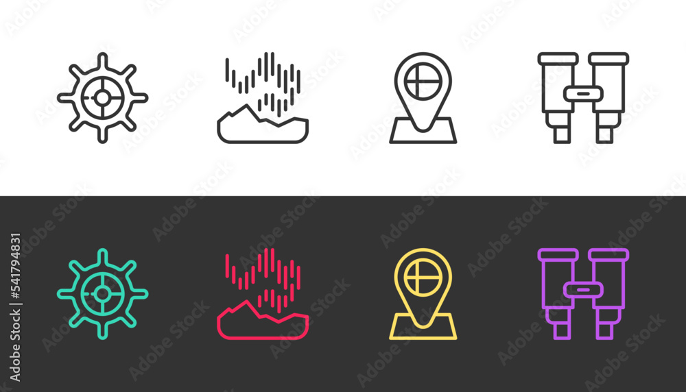 Poster set line ship steering wheel, northern lights, location flag iceland and binoculars on black and whi