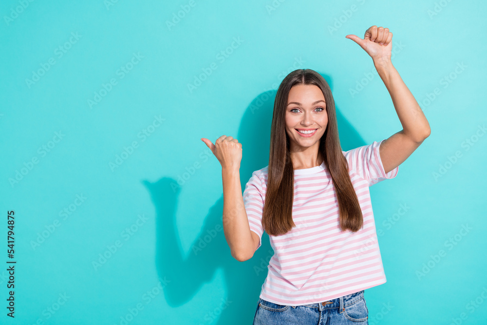 Canvas Prints Photo of positive nice cute woman with straight hairstyle wear striped t-shirt indicating empty space isolated on teal color background