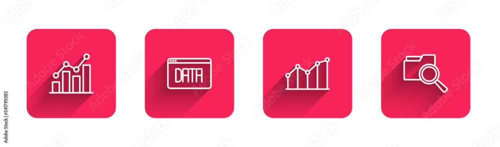Poster set line pie chart infographic, data analysis, and search with folder with long shadow. red square b
