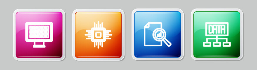 Set line Binary code, Processor CPU, Document with graph chart and Data analysis. Colorful square button. Vector