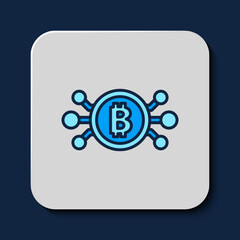 Filled outline Cryptocurrency bitcoin in circle with microchip circuit icon isolated on blue background. Blockchain technology, digital money market. Vector