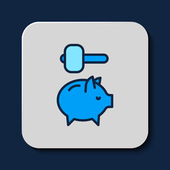 Filled outline Piggy bank and hammer icon isolated on blue background. Icon saving or accumulation of money, investment. Vector