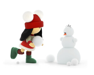 A cute rag doll in a knitted Christmas sweater sculpts a New Year's snowman