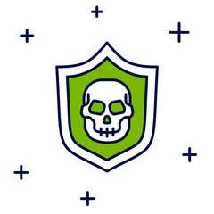 Filled outline Shield with pirate skull icon isolated on white background. Vector