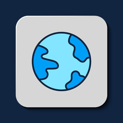 Filled outline Worldwide icon isolated on blue background. Pin on globe. Vector