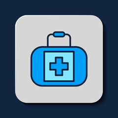 Filled outline First aid kit icon isolated on blue background. Medical box with cross. Medical equipment for emergency. Healthcare concept. Vector