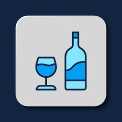 Filled outline Wine bottle with glass icon isolated on blue background. Vector