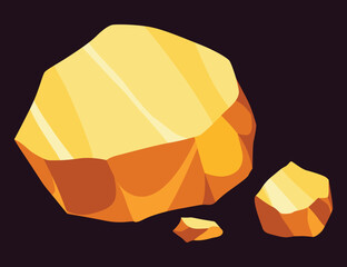 Gold mine nuggets. Precious ore mining object. Golden game UI stone kit, cartoon treasure amber rock isolated on black. Vector icon of polygon boulder, yellow metal