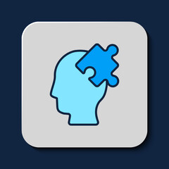 Filled outline Solution to the problem in psychology icon isolated on blue background. Puzzle. Therapy for mental health. Vector