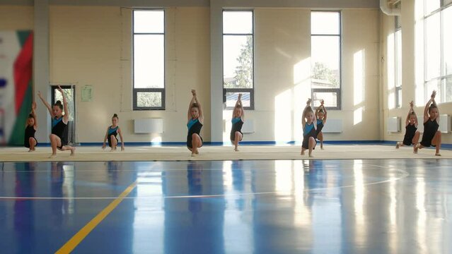 A group of little girls do warm up gymnastics in the gym