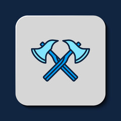 Filled outline Firefighter axe icon isolated on blue background. Fire axe. Vector
