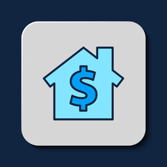 Filled outline House with dollar symbol icon isolated on blue background. Home and money. Real estate concept. Vector