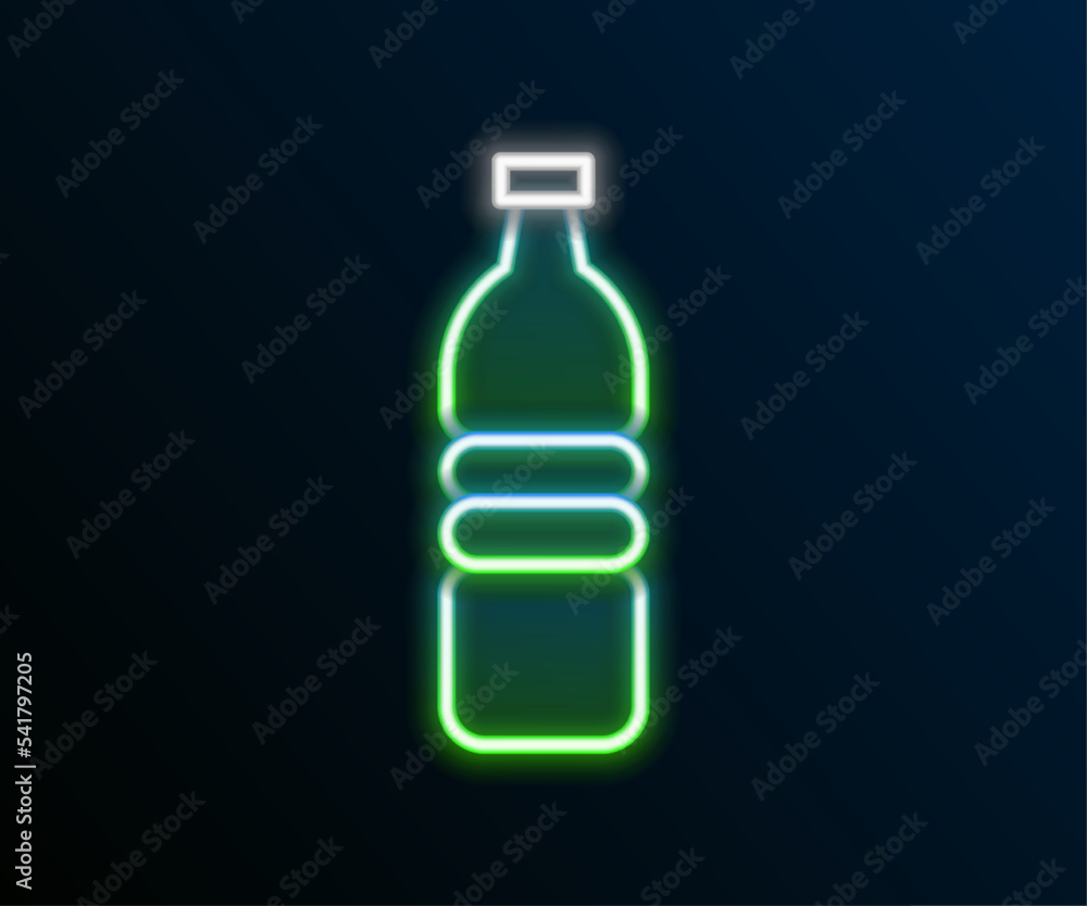 Sticker Glowing neon line Bottle of water icon isolated on black background. Soda aqua drink sign. Colorful outline concept. Vector