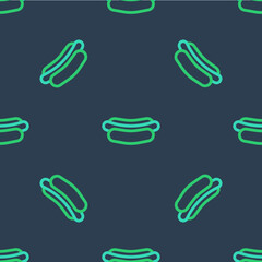 Line Hotdog sandwich icon isolated seamless pattern on blue background. Sausage icon. Fast food sign. Vector