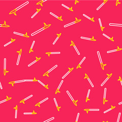 Line Metal pike pole with wooden handle icon isolated seamless pattern on red background. Spear, pickaxe, hook hand extinguishing instrument and tool for fireman. Vector