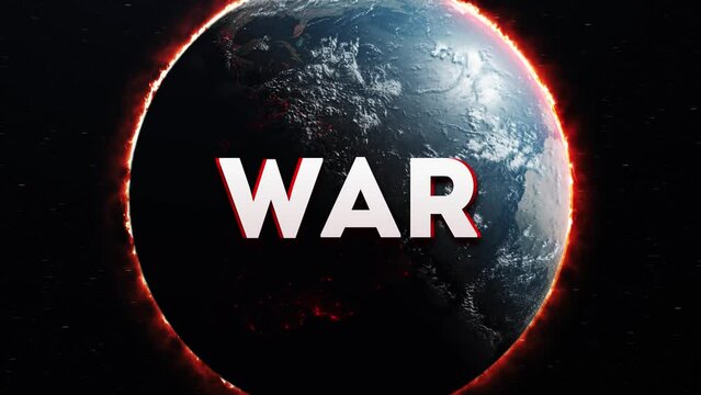 World in war concept. Planet earth in flames with war word above. 3d render
