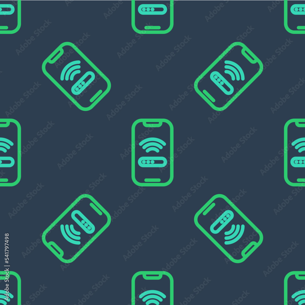 Poster line smartphone with free wi-fi wireless connection icon isolated seamless pattern on blue backgroun