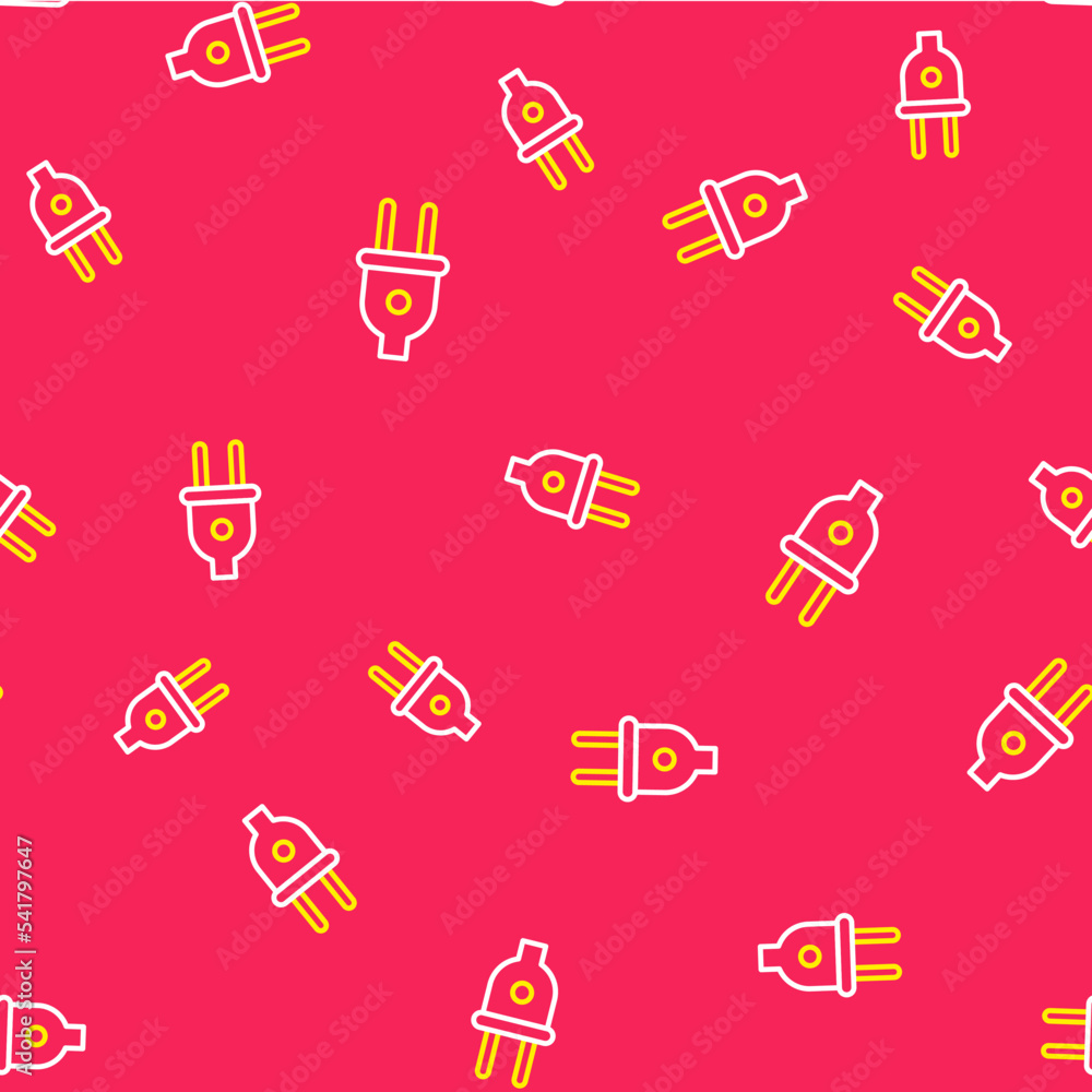 Poster line electric plug icon isolated seamless pattern on red background. concept of connection and disco