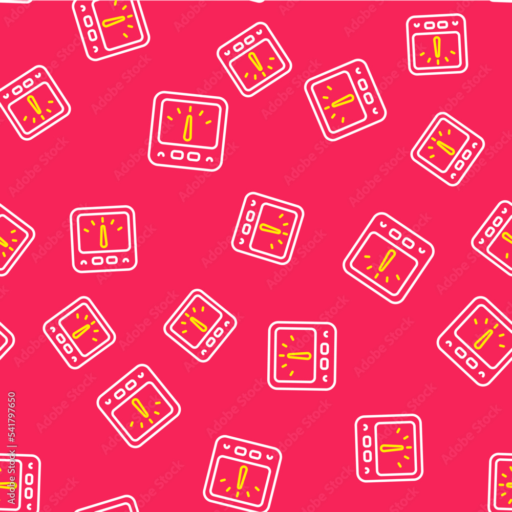 Poster line ampere meter, multimeter, voltmeter icon isolated seamless pattern on red background. instrumen