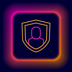 Glowing neon line User protection icon isolated on black background. Secure user login, password protected, personal data protection, authentication. Colorful outline concept. Vector